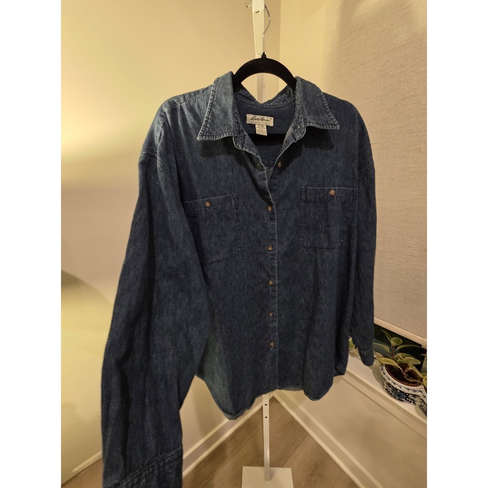Vintage 90s Eddie Bauer Denim Button Down Shirt Womens XLarge Blue Cotton LS